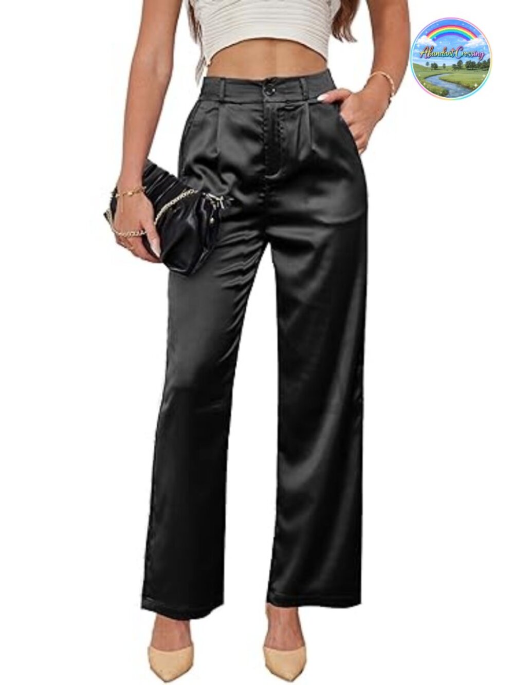 Wide Leg Satin Silky Pants High Waist Pleated with Pockets